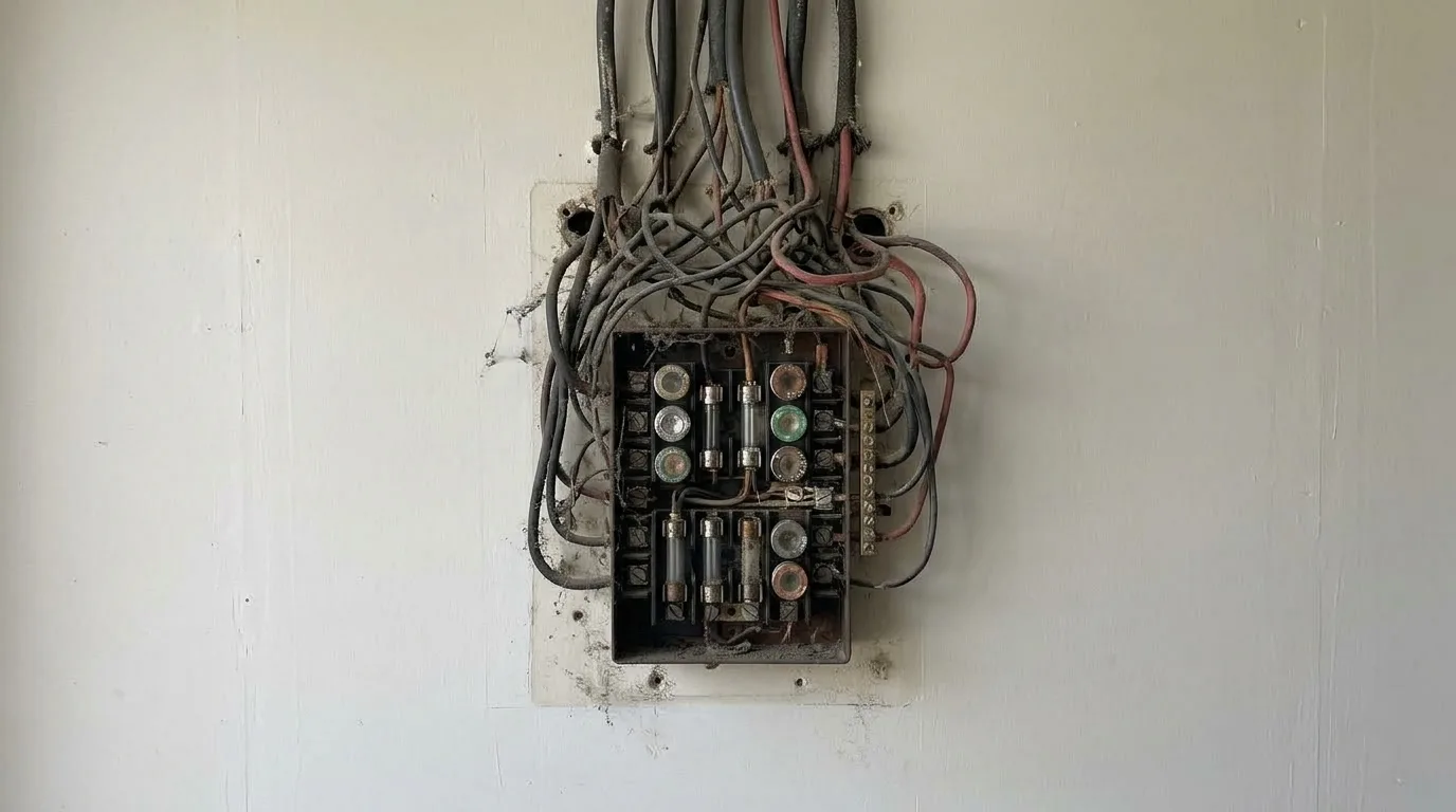 Before: An electrician in a Parker garage tightening a breaker inside a finished, energised 200-amp load center with the deadfront off, conductors neatly dressed and the panel connected into the service run, late-afternoon side light, concrete floor, the lower-left of the frame open and shadowed